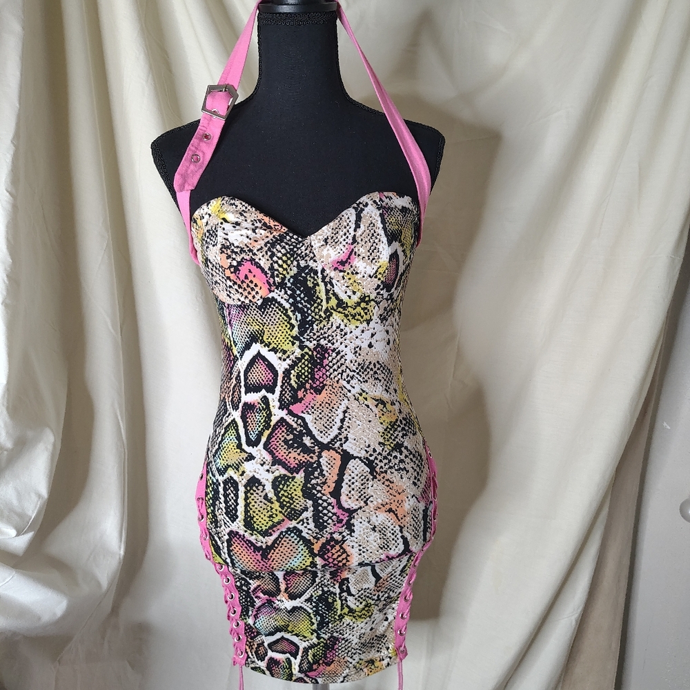 Pink and Multicolor Snakeskin Halter Dress